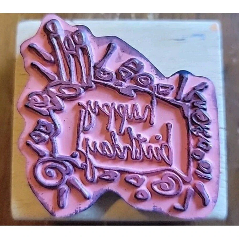 Rubber Stamp - Happy Birthday Script On Birthday Cake - Wood - Vap! Scrap